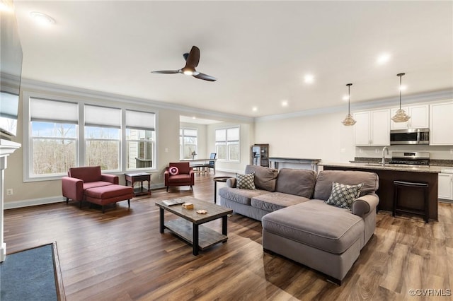 living room featuring dark hardwood / wood-style flooring, sink, ornamental molding, and ceiling fan