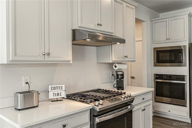 kitchen with stainless steel appliances and dark hardwood / wood-style floors