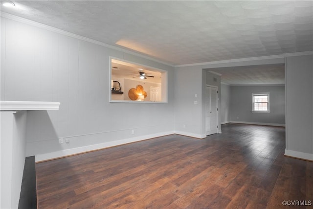 unfurnished living room featuring crown molding, ceiling fan, a textured ceiling, and dark hardwood / wood-style flooring