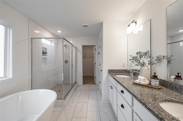 bathroom featuring vanity and separate shower and tub