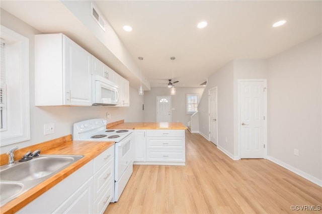 2414 Marion Mashore St, Richmond, VA 23224 - kitchen with sink, butcher block countertops, white cabinetry, kitchen peninsula, and white appliances