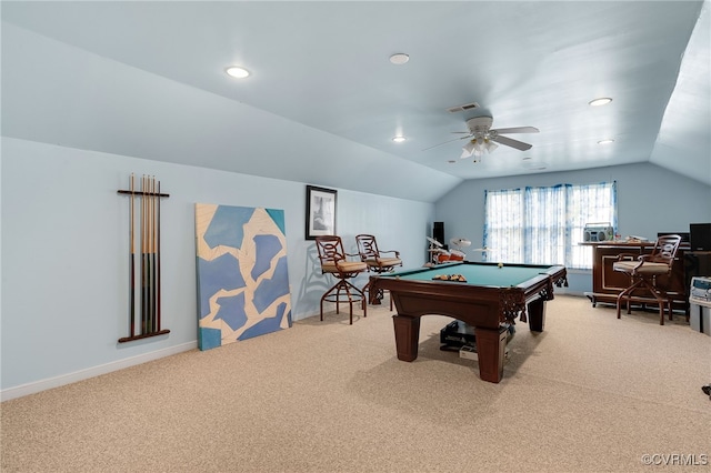 playroom with lofted ceiling, light colored carpet, ceiling fan, and billiards