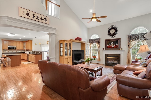 living room featuring plenty of natural light, a premium fireplace, sink, and light hardwood / wood-style flooring