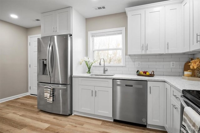 kitchen featuring sink, appliances with stainless steel finishes, white cabinets, light hardwood / wood-style floors, and backsplash