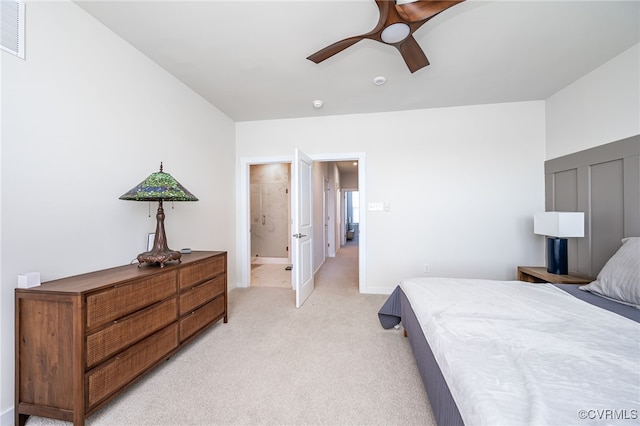 bedroom featuring ceiling fan and light carpet