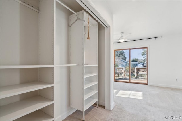 walk in closet featuring light colored carpet and ceiling fan