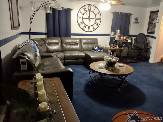 living room with ceiling fan and carpet floors