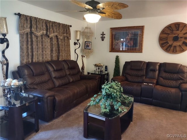 carpeted living room with ceiling fan