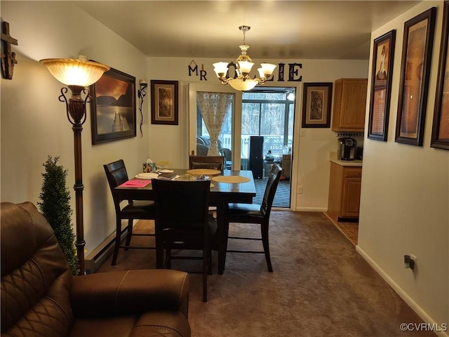 dining room featuring dark colored carpet and a notable chandelier