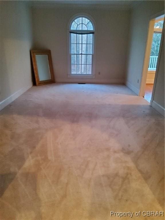 empty room with ornamental molding and light colored carpet