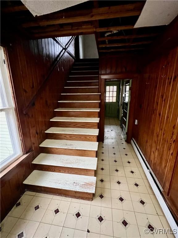 staircase featuring wooden walls and baseboard heating