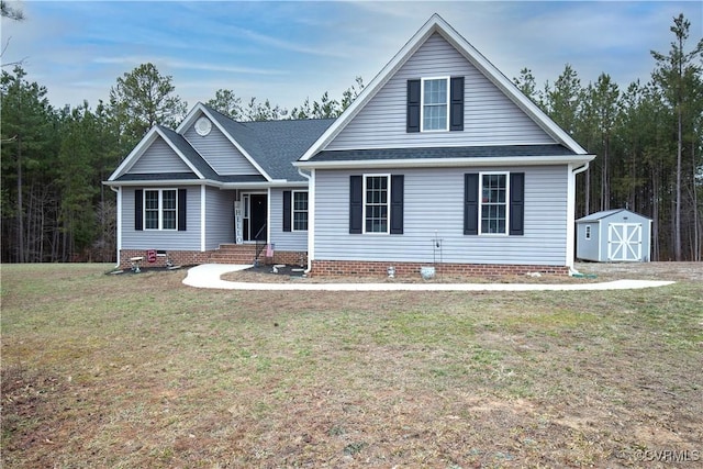 view of front of house with a shed and a front yard