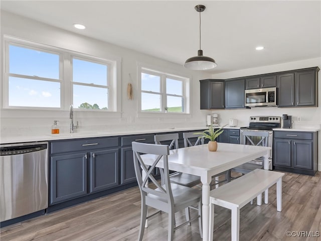 kitchen with sink, decorative light fixtures, hardwood / wood-style floors, and appliances with stainless steel finishes