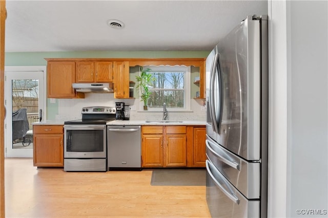 kitchen featuring stainless steel appliances, light hardwood / wood-style floors, and sink