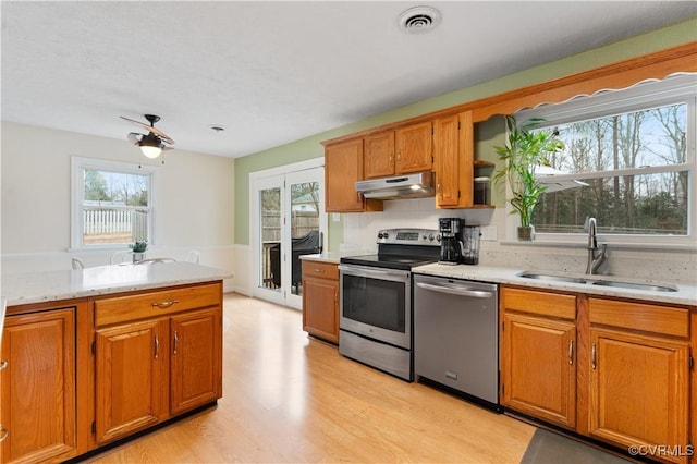 kitchen featuring a healthy amount of sunlight, appliances with stainless steel finishes, sink, and light wood-type flooring