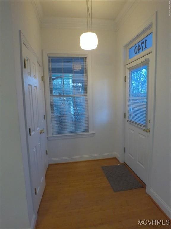 entryway with crown molding and hardwood / wood-style floors