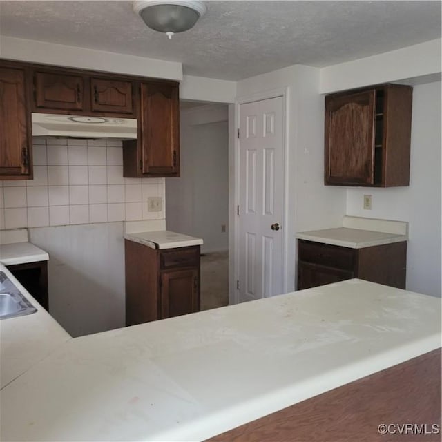 kitchen with sink, dark brown cabinetry, a textured ceiling, decorative backsplash, and kitchen peninsula