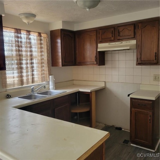 kitchen featuring tasteful backsplash, sink, dark brown cabinetry, dark wood-type flooring, and a textured ceiling