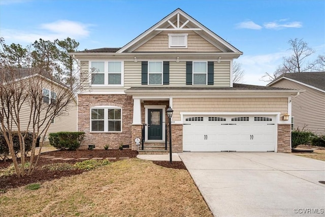 craftsman inspired home featuring a garage and a front yard