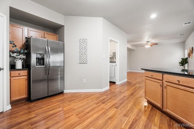 kitchen with stainless steel refrigerator with ice dispenser, ceiling fan, and light wood-type flooring