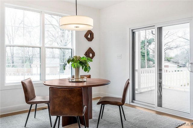 dining space with light hardwood / wood-style floors