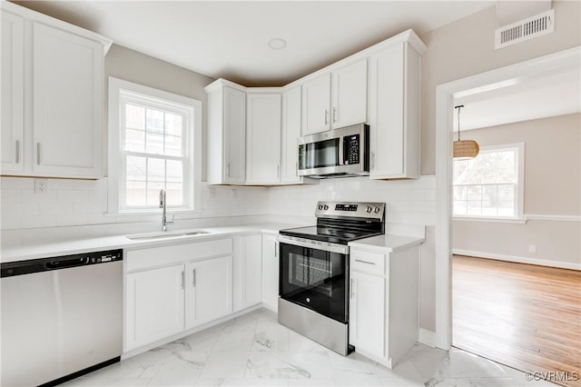 kitchen with appliances with stainless steel finishes, a wealth of natural light, sink, and white cabinets