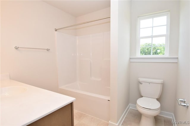 full bathroom featuring vanity, toilet, bathing tub / shower combination, and tile patterned flooring