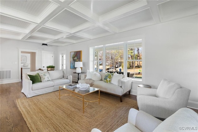 living room featuring wood-type flooring, coffered ceiling, a wealth of natural light, and beam ceiling