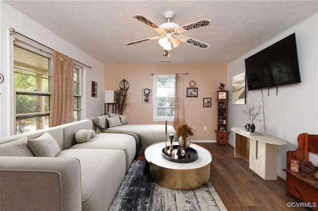 living room featuring ceiling fan, a textured ceiling, and dark hardwood / wood-style flooring