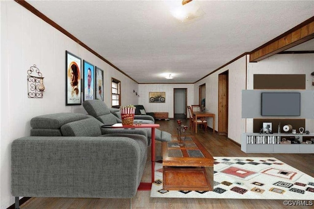 living room with ornamental molding and dark hardwood / wood-style floors