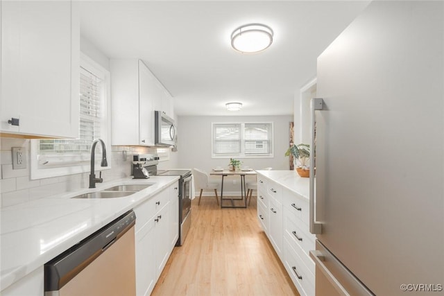 kitchen featuring stainless steel appliances, sink, white cabinets, and decorative backsplash