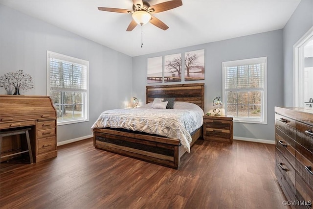 bedroom featuring multiple windows, dark hardwood / wood-style floors, and ceiling fan