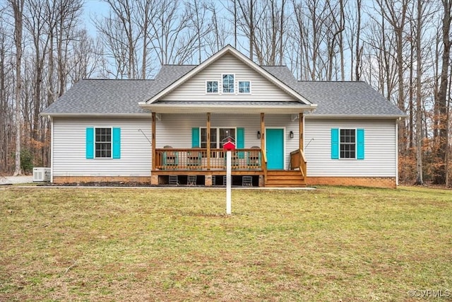 view of front of home with a porch and a front yard