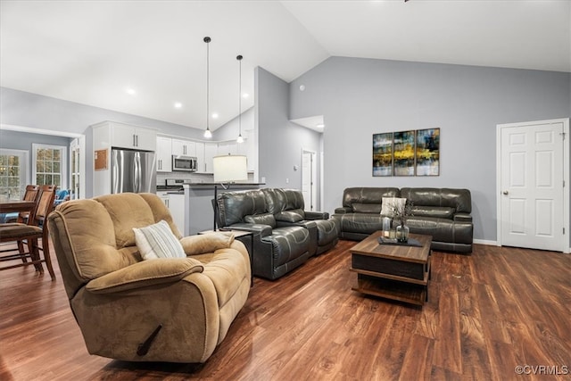 living room featuring high vaulted ceiling and dark hardwood / wood-style floors