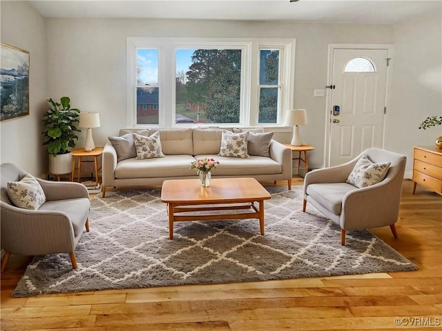 living room with plenty of natural light and hardwood / wood-style floors