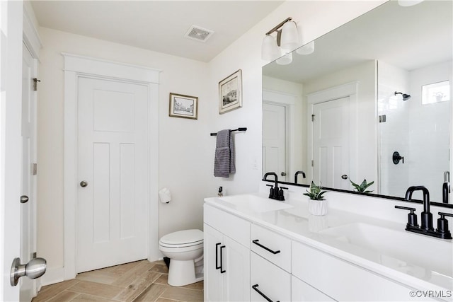 bathroom with vanity, toilet, and walk in shower