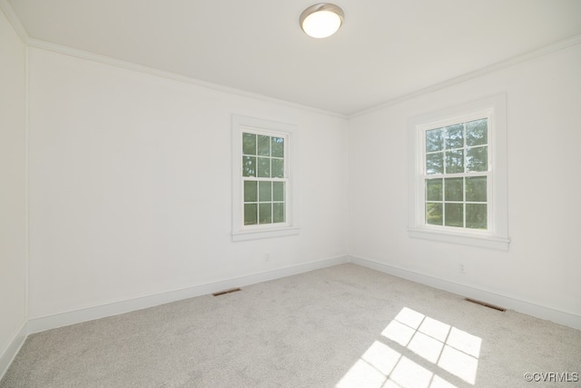 carpeted spare room featuring crown molding and plenty of natural light