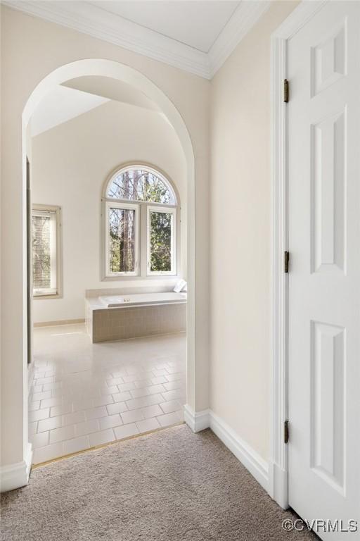 hall with carpet and ornamental molding