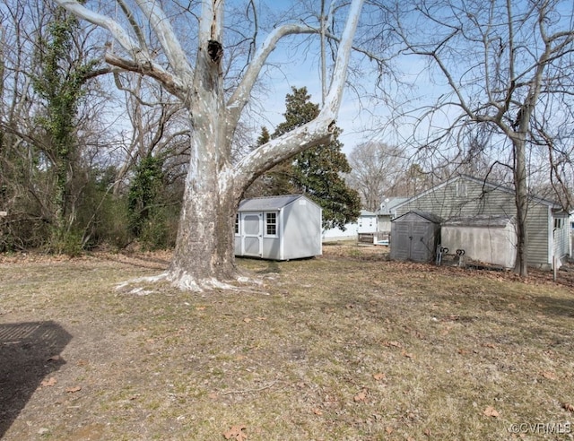 view of yard with a storage shed and an outdoor structure