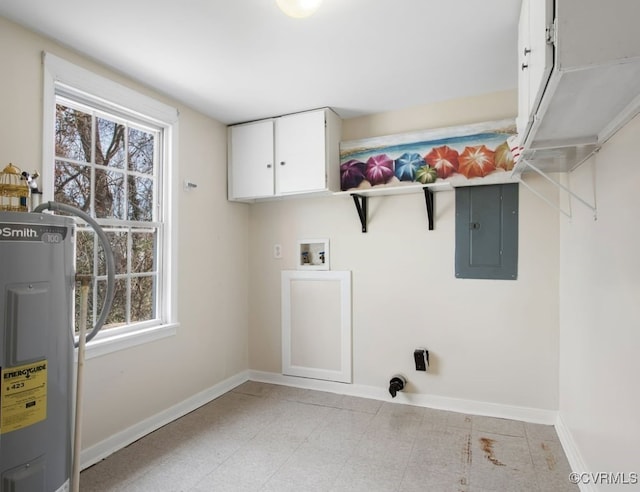 washroom featuring electric panel, electric water heater, cabinet space, and baseboards