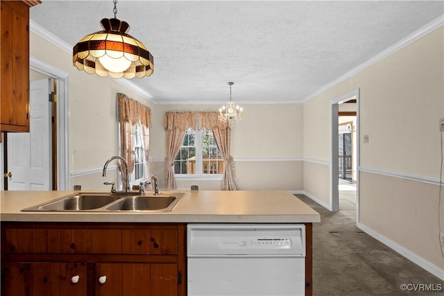 kitchen with dark colored carpet, light countertops, white dishwasher, and a sink