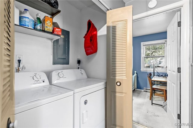 laundry area featuring electric panel and washing machine and dryer