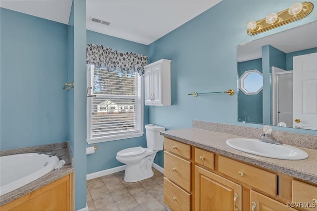 full bathroom featuring vanity, toilet, separate shower and tub, and tile patterned flooring