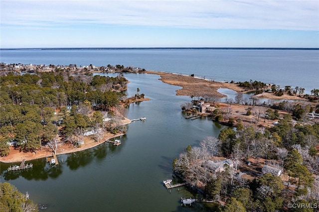 drone / aerial view featuring a water view