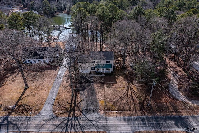 drone / aerial view featuring a water view