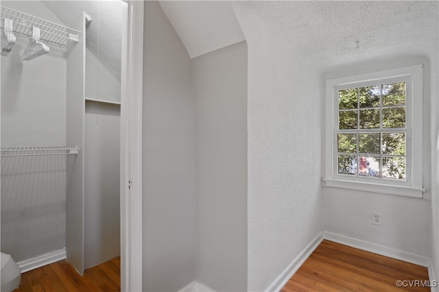 bathroom with hardwood / wood-style floors and vaulted ceiling