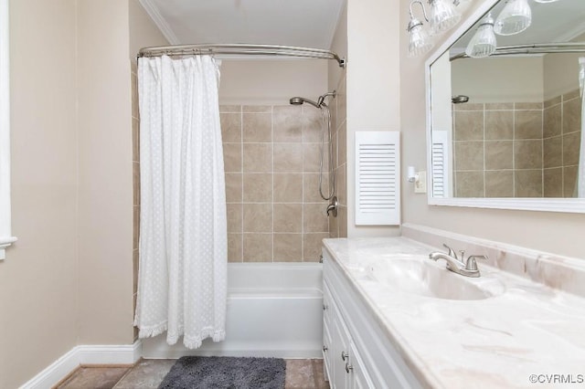 bathroom featuring shower / tub combo with curtain, vanity, tile patterned flooring, and ornamental molding