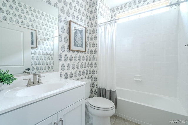 full bathroom featuring vanity, tile patterned floors, shower / bath combination with curtain, and toilet