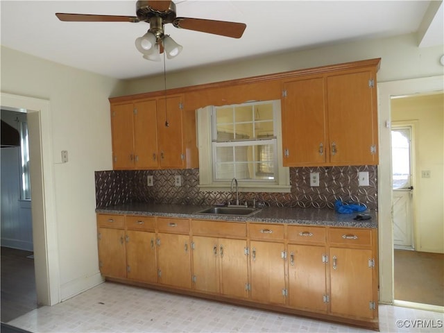 kitchen featuring ceiling fan, sink, and decorative backsplash