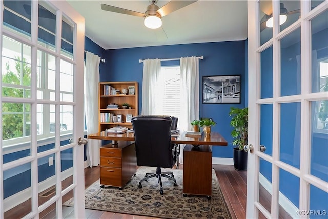 office area featuring hardwood / wood-style floors, french doors, and ceiling fan